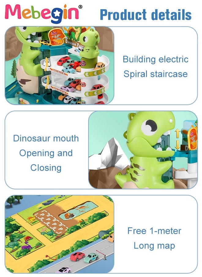 Dinosaur Track Parking Lot with Music and Light Effects, 3-floor Toy Car Garage for Kids, Garage Track Set with 6 Cars and 1 Map, STEM Educational Playset, Perfect Toy for Endless Fun and Learning,