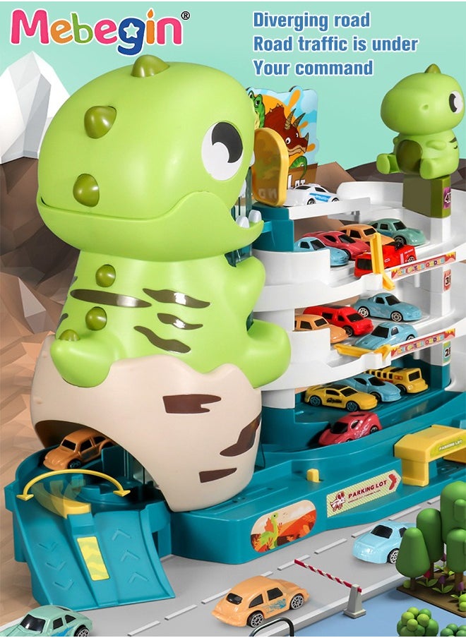 Dinosaur Track Parking Lot with Music and Light Effects, 3-floor Toy Car Garage for Kids, Garage Track Set with 6 Cars and 1 Map, STEM Educational Playset, Perfect Toy for Endless Fun and Learning,