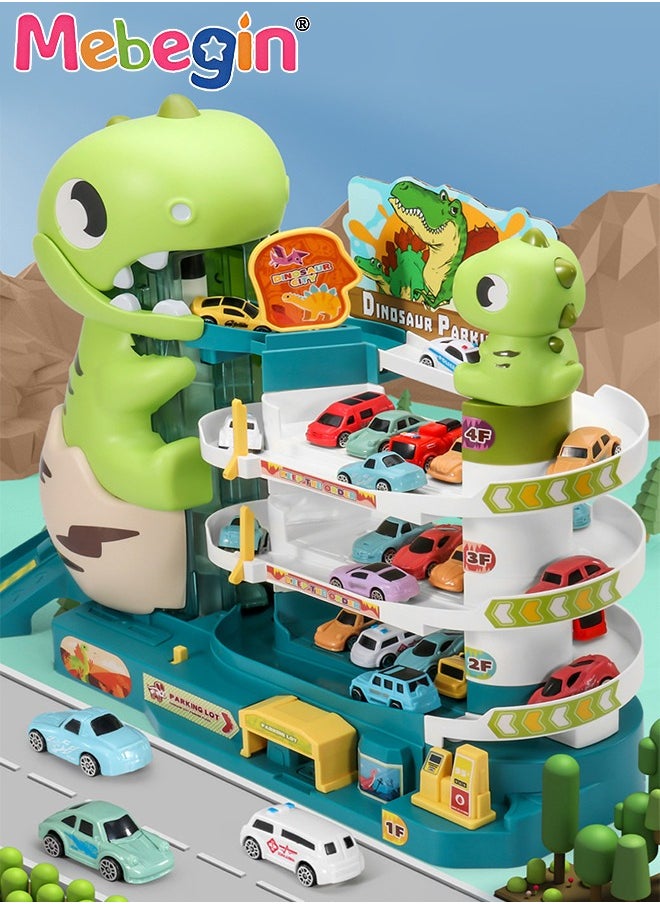 Dinosaur Track Parking Lot with Music and Light Effects, 3-floor Toy Car Garage for Kids, Garage Track Set with 6 Cars and 1 Map, STEM Educational Playset, Perfect Toy for Endless Fun and Learning,