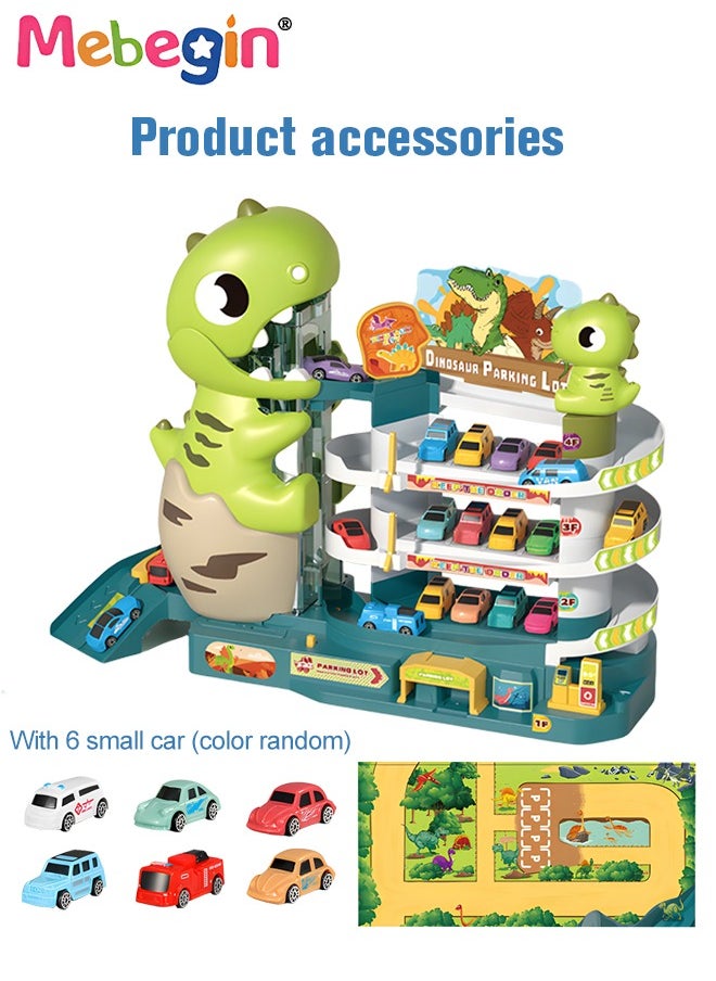 Dinosaur Track Parking Lot with Music and Light Effects, 3-floor Toy Car Garage for Kids, Garage Track Set with 6 Cars and 1 Map, STEM Educational Playset, Perfect Toy for Endless Fun and Learning,