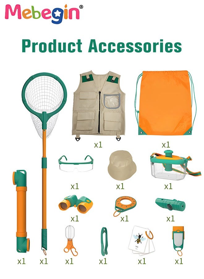 Kids Outdoor Explorer Kit, Bug Catching Kit, Nature Adventure Kit with Butterfly net, Binoculars, Hat,Vest, Whistle, Exploration Toys Kids Camping Gear, Educational Toys for Kids