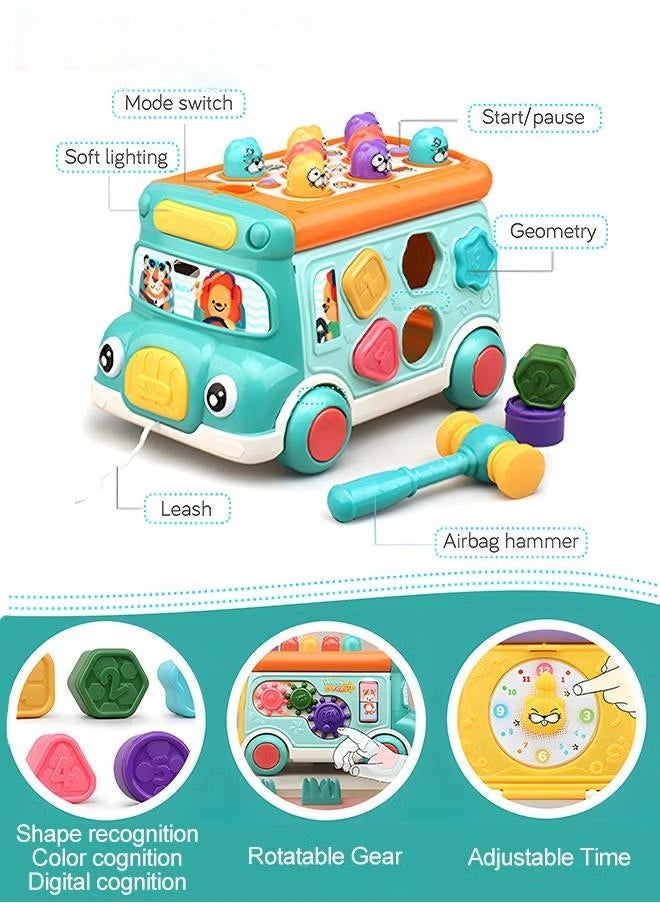 Toddler Percussion Toys Children's Multifunctional Smart Bus Toy Car Hexahedron Puzzle Tractor Bus Whack-a-Mole Spin Educational Toys Birthday gifts for boys and girls