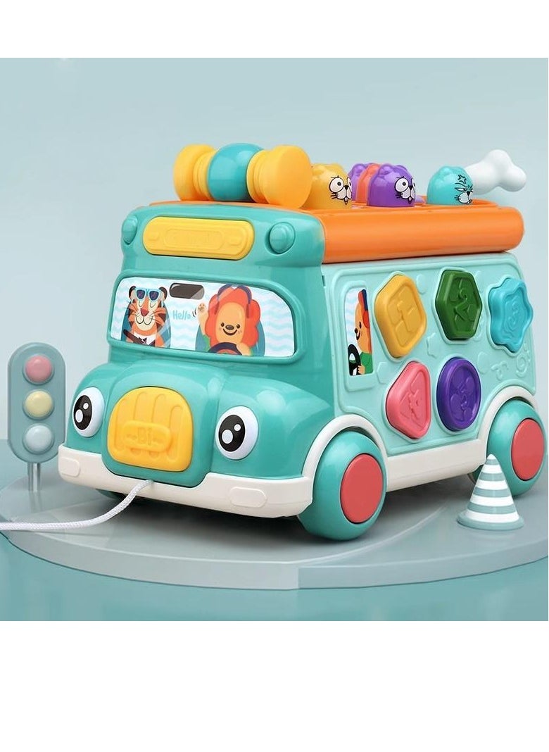 Toddler Percussion Toys Children's Multifunctional Smart Bus Toy Car Hexahedron Puzzle Tractor Bus Whack-a-Mole Spin Educational Toys Birthday gifts for boys and girls