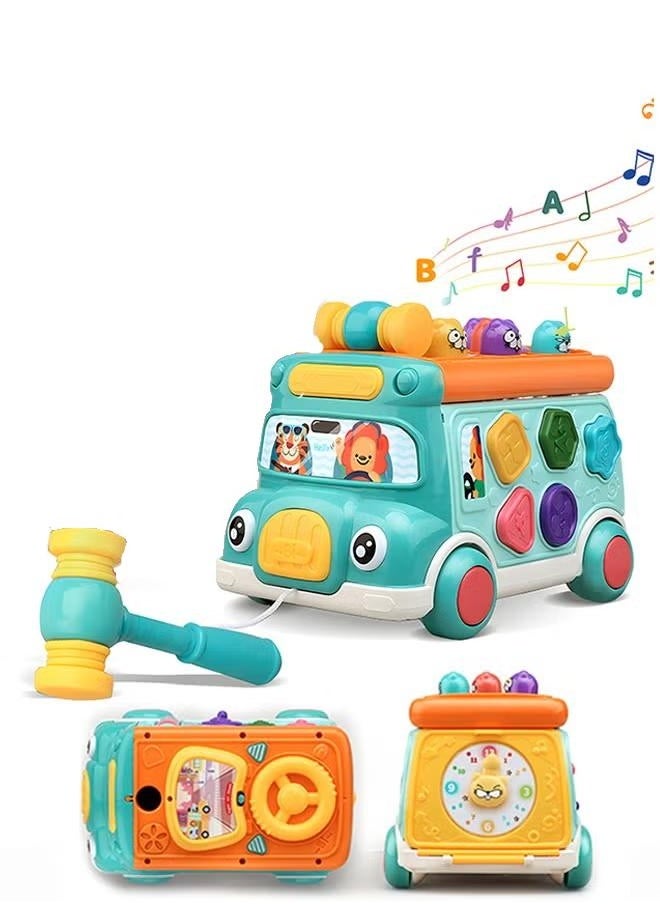 Toddler Percussion Toys Children's Multifunctional Smart Bus Toy Car Hexahedron Puzzle Tractor Bus Whack-a-Mole Spin Educational Toys Birthday gifts for boys and girls