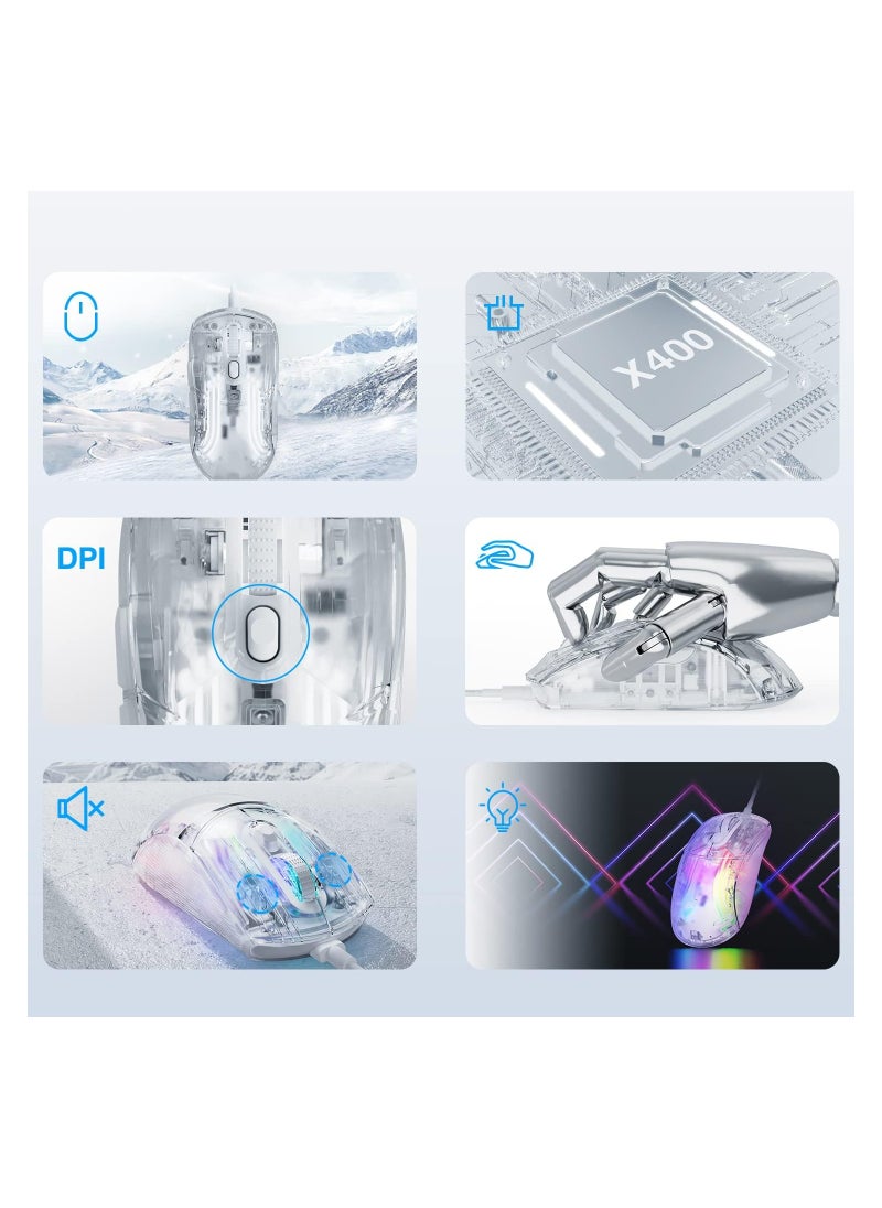 Clear Wired USB Gaming Mouse, Transparent Shell Computer Mice with 12800 Max DPI, 3D RGB Backlit, High Precision (White)