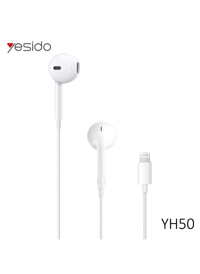 YH50 Wired Lightning Jack Earphones with Deep Bass, Clear Microphone, and Multi-Functional Inline Remote – Premium Hands-Free Audio Experience in White for iPhone and iOS Devices