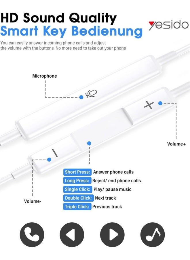 YH50 Wired Lightning Jack Earphones with Deep Bass, Clear Microphone, and Multi-Functional Inline Remote – Premium Hands-Free Audio Experience in White for iPhone and iOS Devices
