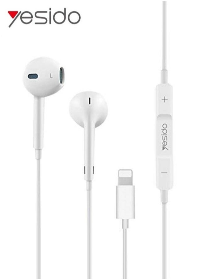 YH50 Wired Lightning Jack Earphones with Deep Bass, Clear Microphone, and Multi-Functional Inline Remote – Premium Hands-Free Audio Experience in White for iPhone and iOS Devices