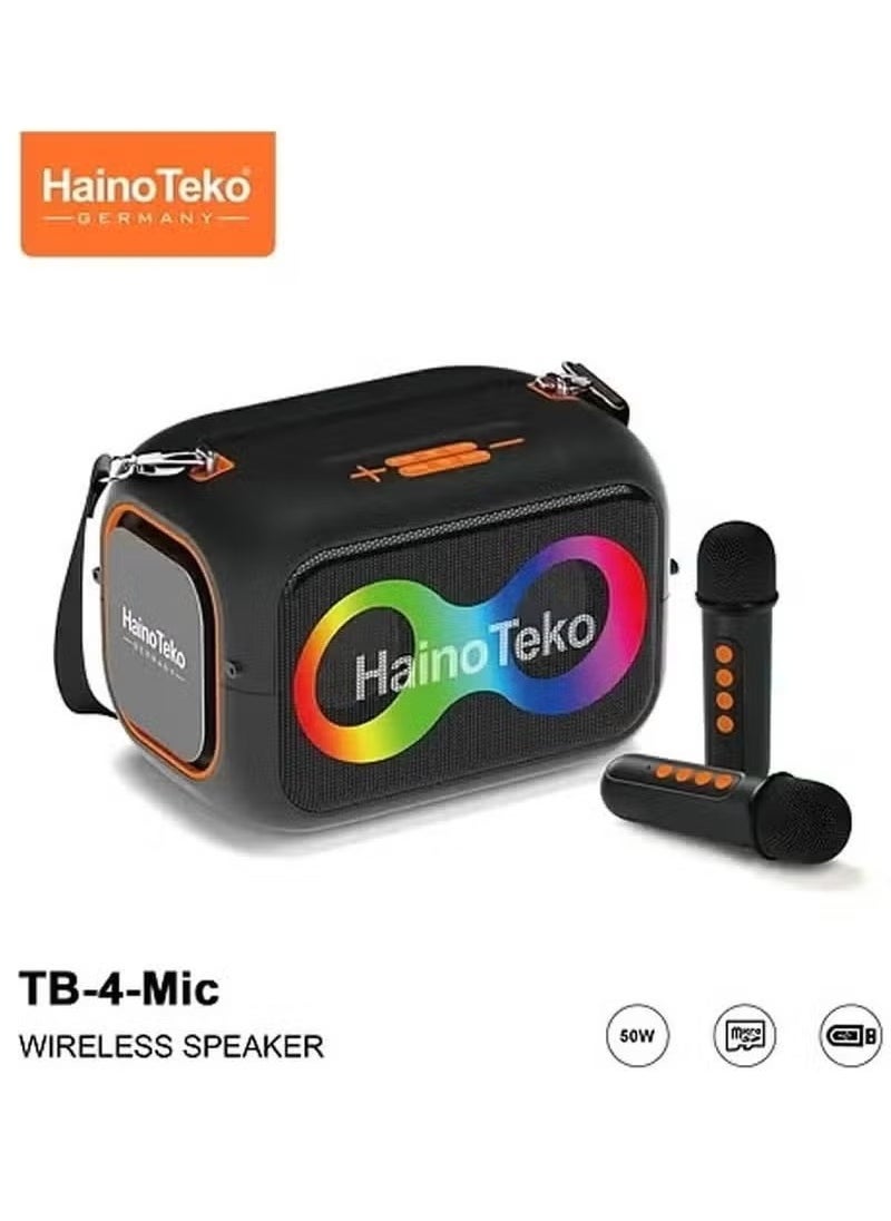 TB-4 Portable Wireless Bluetooth Speaker with Dual Wireless Microphones – 50W Output Power, RGB Party Lighting, Multifunction Button Controls, USB/TF/AUX Support, Powerful Bass, Black – Ultimate Sound Experience for Home, Parties & Events