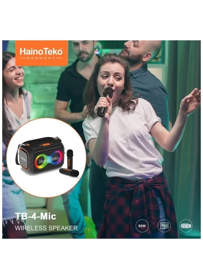 TB-4 Portable Wireless Bluetooth Speaker with Dual Wireless Microphones – 50W Output Power, RGB Party Lighting, Multifunction Button Controls, USB/TF/AUX Support, Powerful Bass, Black – Ultimate Sound Experience for Home, Parties & Events