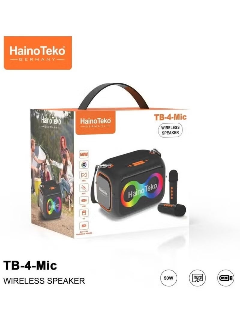 TB-4 Portable Wireless Bluetooth Speaker with Dual Wireless Microphones – 50W Output Power, RGB Party Lighting, Multifunction Button Controls, USB/TF/AUX Support, Powerful Bass, Black – Ultimate Sound Experience for Home, Parties & Events