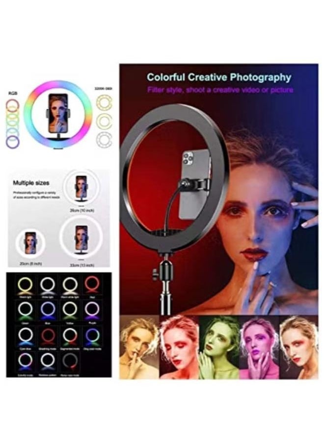 MJ45 RGB LED Ring Light with Adjustable Tripod Stand and Phone Holder – Dimmable Lighting for Photography, Vlogging, Live Streaming, and Makeup