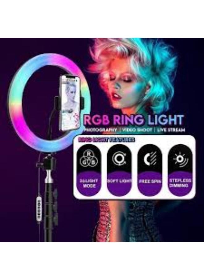 MJ45 RGB LED Ring Light with Adjustable Tripod Stand and Phone Holder – Dimmable Lighting for Photography, Vlogging, Live Streaming, and Makeup