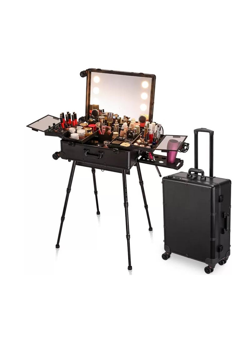 Makeup Trolley Case, Trolley Cosmetic Train Case, Professional Makeup Organizer with Bluetooth Function, Built-in LED Lights & 24-Inch Rolling Vanity Case for Hair, Beauty & Makeup Artists（Black）