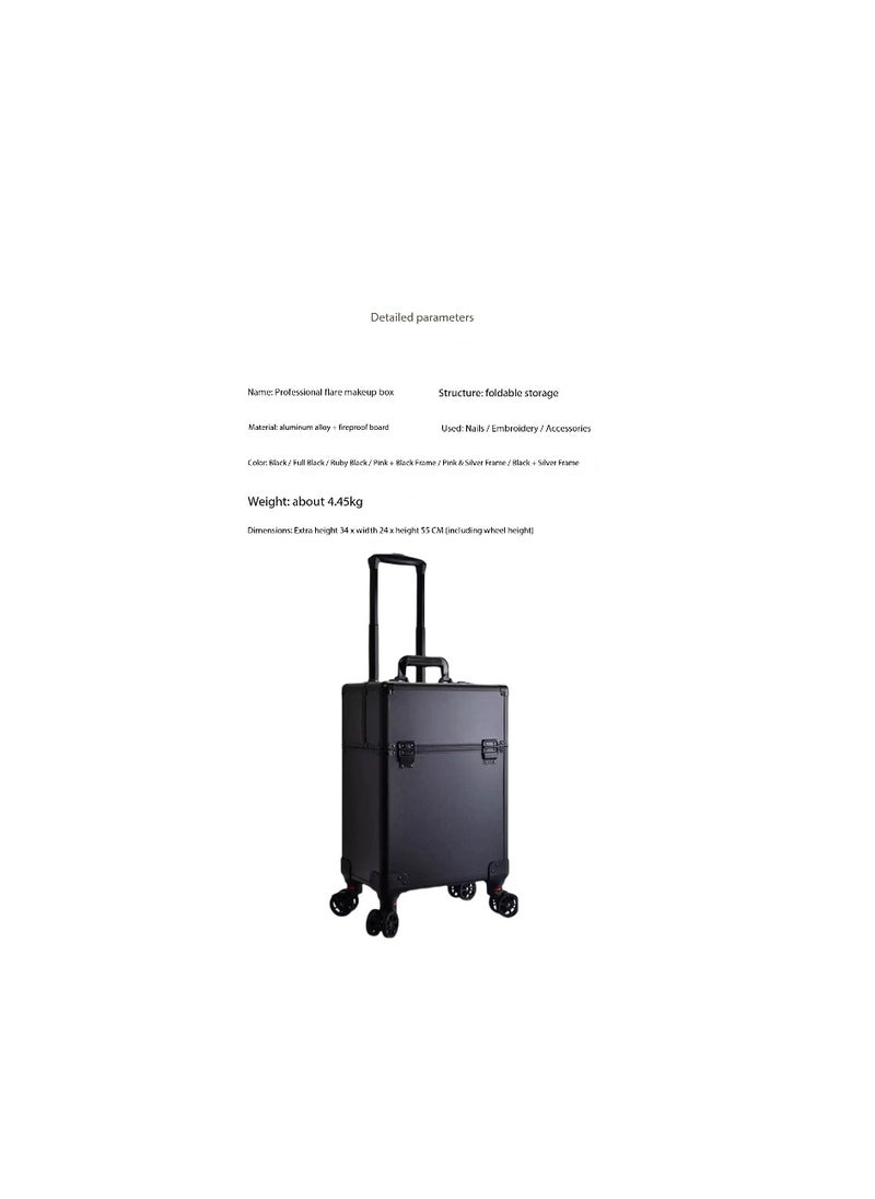 Makeup Train Case, Makeup Trolley Case, Professional Large Rolling Makeup Organizer with Telescopic Handle, Portable Travel Case for Hairstylist & Makeup Artist (black)