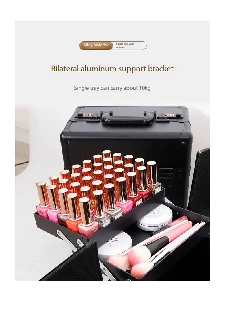 Makeup Train Case, Makeup Trolley Case, Professional Large Rolling Makeup Organizer with Telescopic Handle, Portable Travel Case for Hairstylist & Makeup Artist (black)