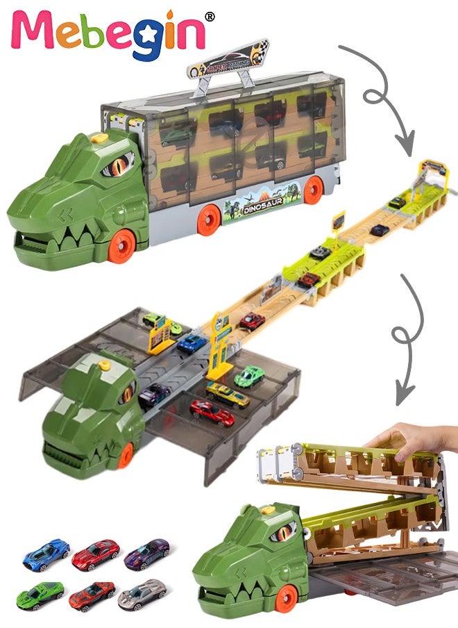 Carrier Trucks Toys, Dinosaur Track Storage Car with Folding Track, Multifunctional Folding Storage Cart Playset with 6 Sliding Cars and Rich Accessaries, Dino Track Vehicle, Ideal Gift for Kids Age