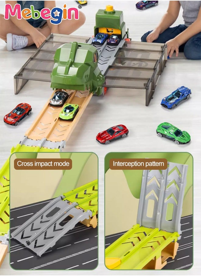 Carrier Trucks Toys, Dinosaur Track Storage Car with Folding Track, Multifunctional Folding Storage Cart Playset with 6 Sliding Cars and Rich Accessaries, Dino Track Vehicle, Ideal Gift for Kids Age