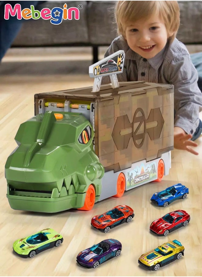 Carrier Trucks Toys, Dinosaur Track Storage Car with Folding Track, Multifunctional Folding Storage Cart Playset with 6 Sliding Cars and Rich Accessaries, Dino Track Vehicle, Ideal Gift for Kids Age