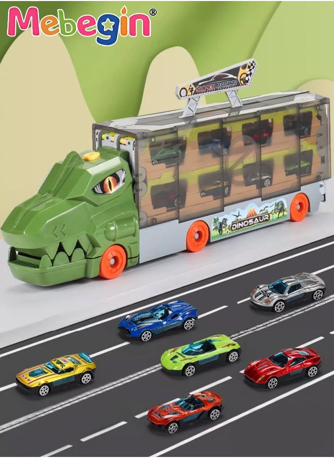 Carrier Trucks Toys, Dinosaur Track Storage Car with Folding Track, Multifunctional Folding Storage Cart Playset with 6 Sliding Cars and Rich Accessaries, Dino Track Vehicle, Ideal Gift for Kids Age