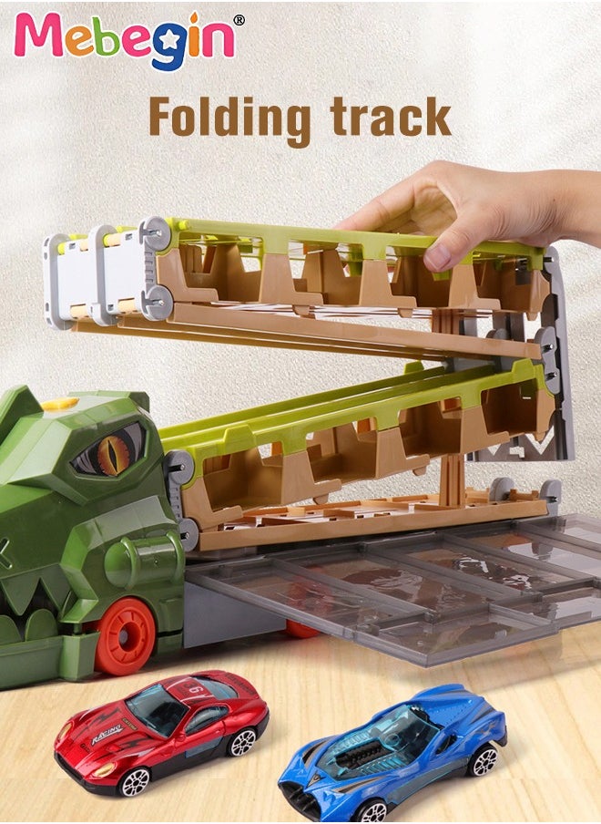 Carrier Trucks Toys, Dinosaur Track Storage Car with Folding Track, Multifunctional Folding Storage Cart Playset with 6 Sliding Cars and Rich Accessaries, Dino Track Vehicle, Ideal Gift for Kids Age