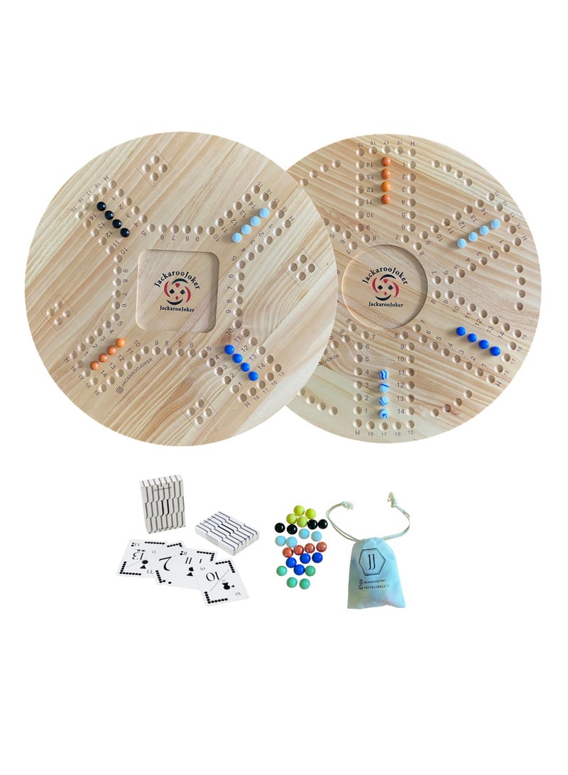 Solid Pine Wood Jacaroo Double Sided Board Game for 4 And 6 Players, Two sides jakaroo with Glass Marbles, Playing Cards and Carry Bag 4 Players