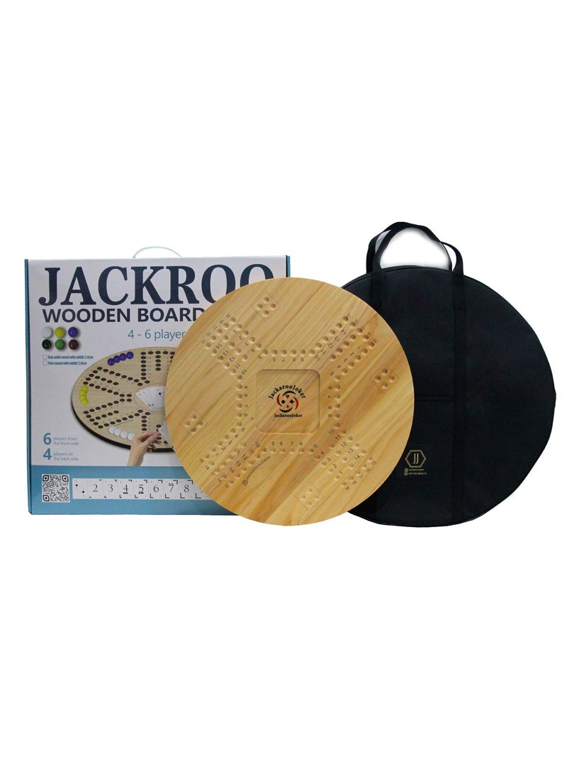 Solid Pine Wood Jacaroo Double Sided Board Game for 4 And 6 Players, Two sides jakaroo with Glass Marbles, Playing Cards and Carry Bag 4 Players