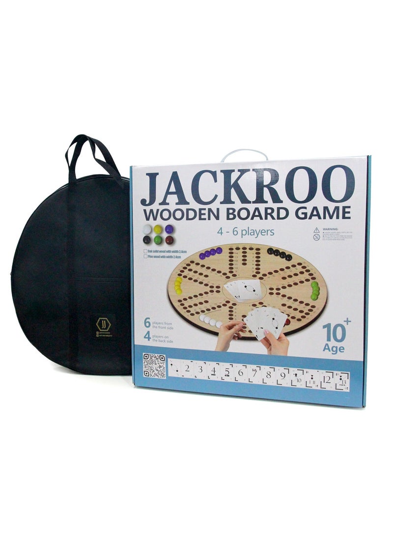 Solid Pine Wood Jacaroo Double Sided Board Game for 4 And 6 Players, Two sides jakaroo with Glass Marbles, Playing Cards and Carry Bag 4 Players
