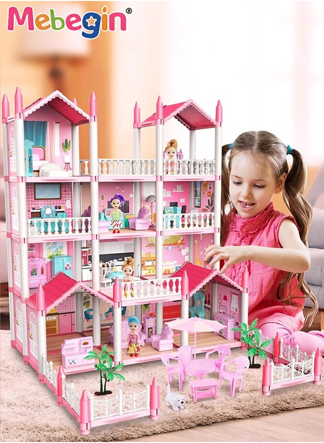 Dreamhouse Set with 4 Dolls, Rich Accessories and Furniture, Luxury Dollhouse with 11 Rooms, DIY Villa Building Toys, Educational House-building Set, Made of BPA-free, Non-toxic ABS Plastic, Easy to