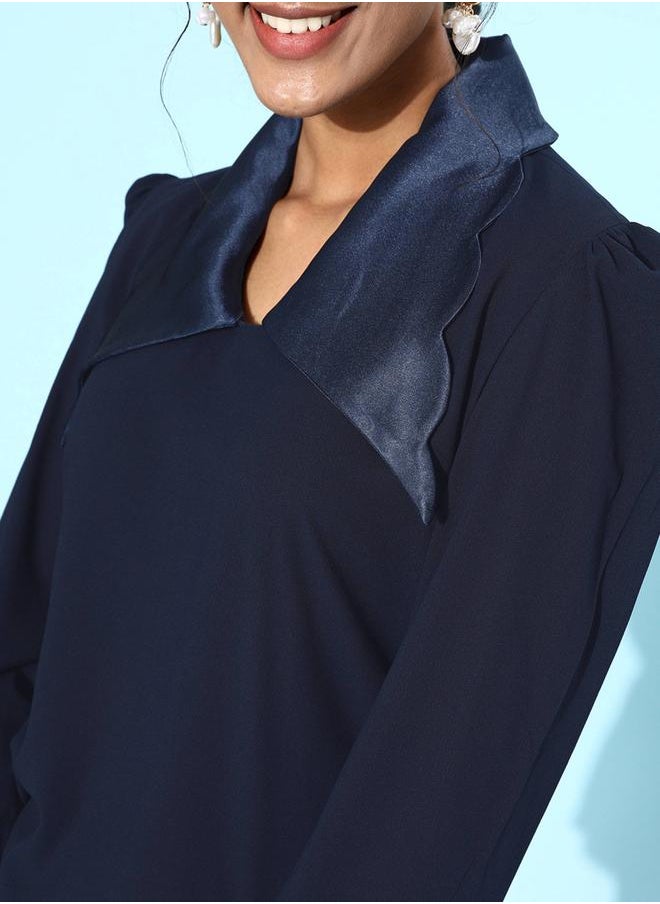 Mish Satin Collar Scallop Edge Top with Puff Sleeves