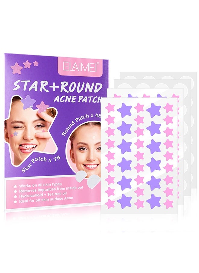 126 Pcs Star+ Round Acne Patches, Hydrocolloid + Tea Tree Oil Star Face Pimple Patches, Spot Cover Stickers Acne Healing Miracle Patches, Skin Spot Patch for Men and Women