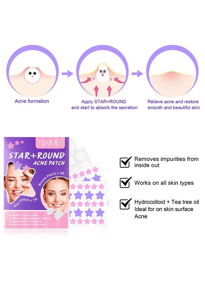 126 Pcs Star+ Round Acne Patches, Hydrocolloid + Tea Tree Oil Star Face Pimple Patches, Spot Cover Stickers Acne Healing Miracle Patches, Skin Spot Patch for Men and Women