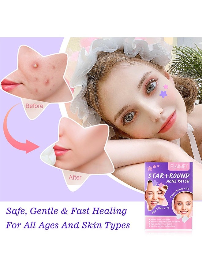 126 Pcs Star+ Round Acne Patches, Hydrocolloid + Tea Tree Oil Star Face Pimple Patches, Spot Cover Stickers Acne Healing Miracle Patches, Skin Spot Patch for Men and Women