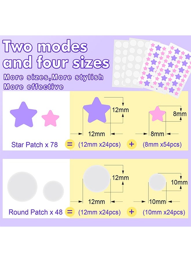 126 Pcs Star+ Round Acne Patches, Hydrocolloid + Tea Tree Oil Star Face Pimple Patches, Spot Cover Stickers Acne Healing Miracle Patches, Skin Spot Patch for Men and Women