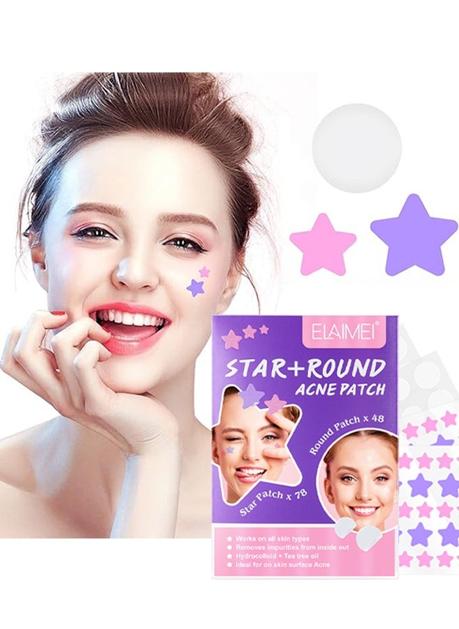126 Pcs Star+ Round Acne Patches, Hydrocolloid + Tea Tree Oil Star Face Pimple Patches, Spot Cover Stickers Acne Healing Miracle Patches, Skin Spot Patch for Men and Women