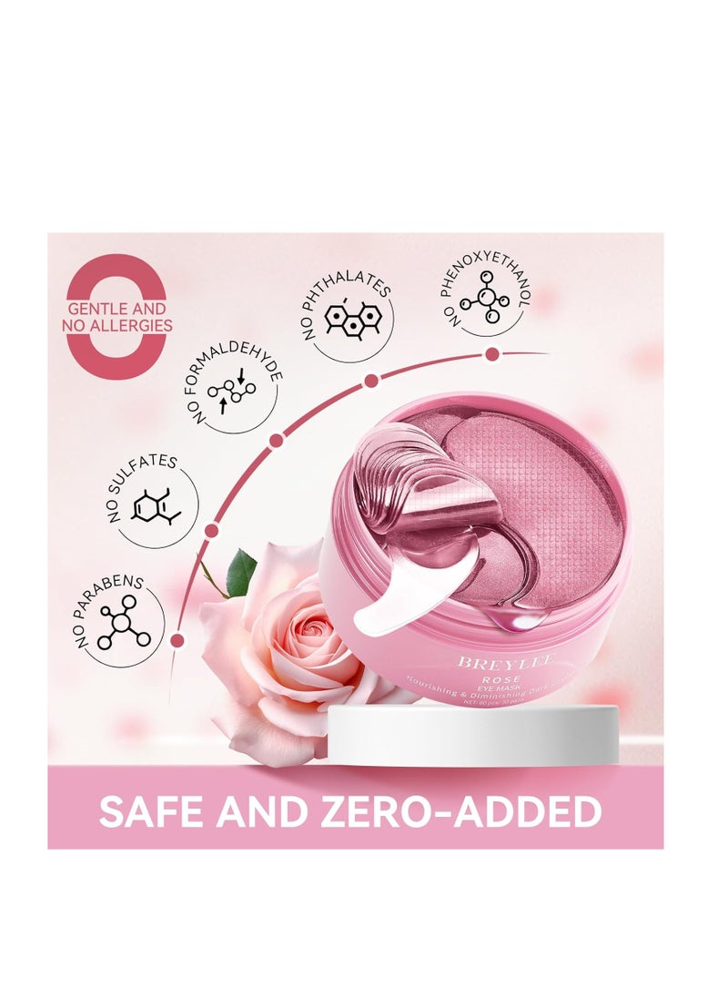 BREYLEE Rose Eye Mask - 60 Pcs Under Eye Treatment for Puffy Eyes, Wrinkles, Dark Circles and Fine Lines (Rose)
