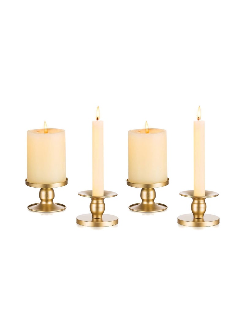 Candle Holders for Pillar Candles, 4 Pcs Gold Pillar & Taper Candle Holder, Small Metal Candle Stick Candle Holder for Wedding, Dining Room Table Centerpiece, Holiday Decor