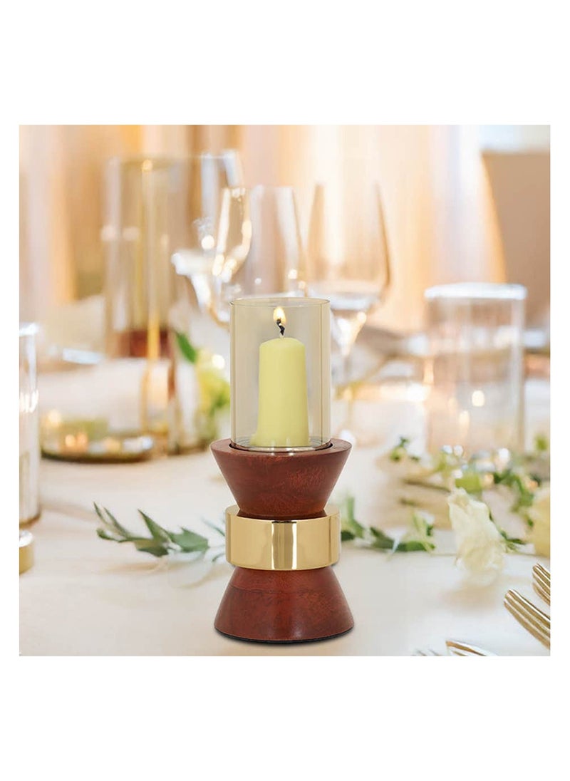 Royaloak Square Metal Taper Base Candle Holder Large | Wood , Aluminium & Glass | Gold Plated Metal Walnut Wood And Lustre Glass Finish | Solid Wooden Base | Detachable Glass
