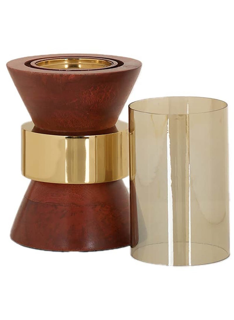 Royaloak Square Metal Taper Base Candle Holder Large | Wood , Aluminium & Glass | Gold Plated Metal Walnut Wood And Lustre Glass Finish | Solid Wooden Base | Detachable Glass