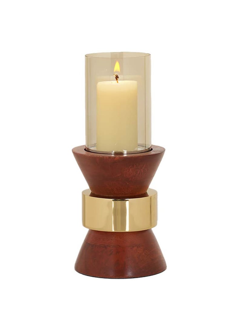 Royaloak Square Metal Taper Base Candle Holder Large | Wood , Aluminium & Glass | Gold Plated Metal Walnut Wood And Lustre Glass Finish | Solid Wooden Base | Detachable Glass
