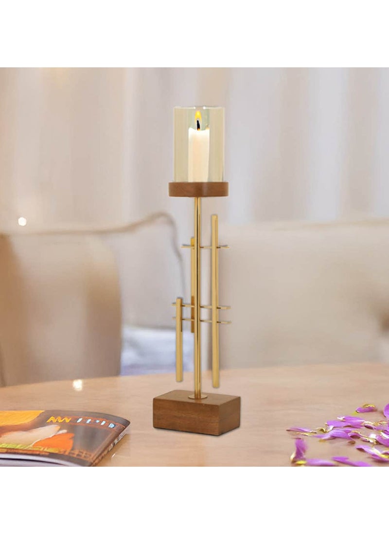 Royaloak Steel Hash Candle Holder Large | Metal Stand | Durable Solid Wooden Base | Detachable Glass | Ideal for use with Pillar Candle | Hash-Pattern Design