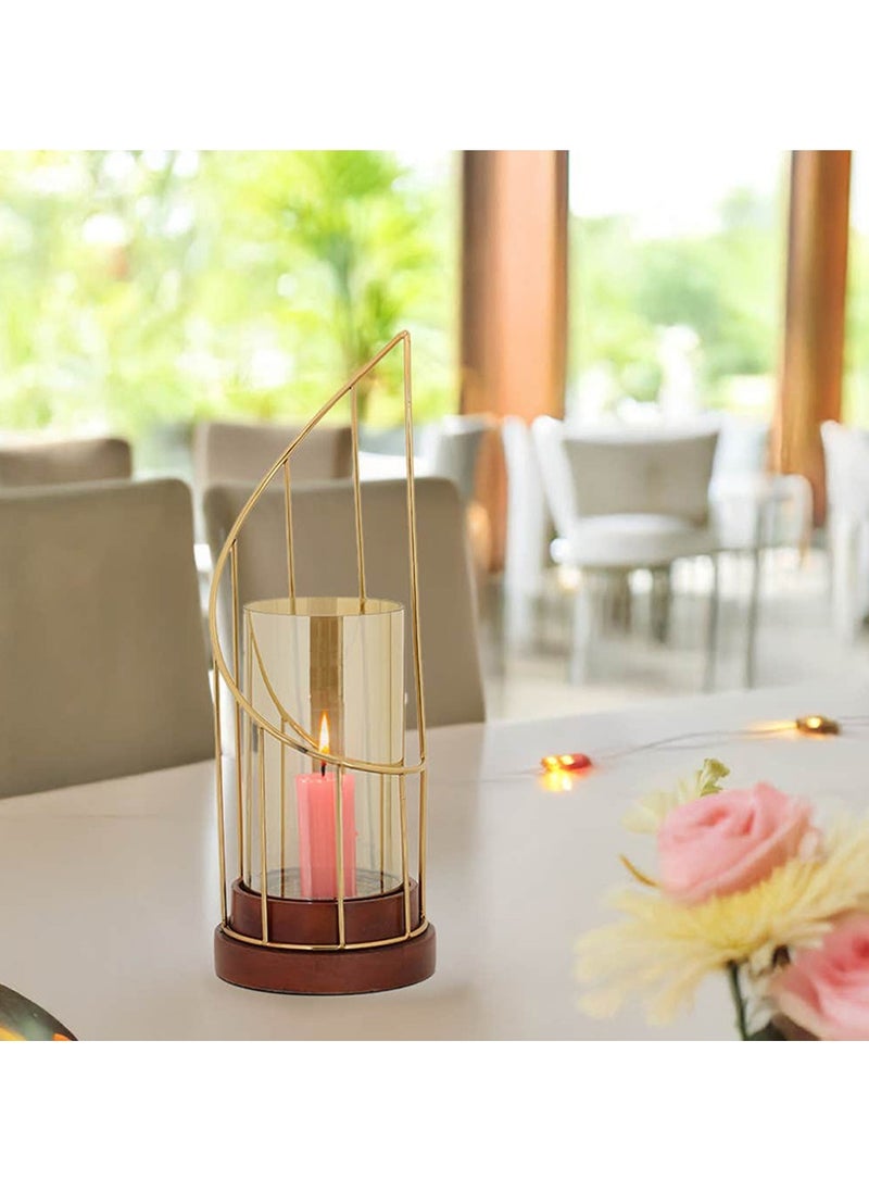 Royaloak Wire Swirl Cylinder Candle Holder Large | Glass & Wood | Gold Plated Metal Walnut Wood And Lustre Glass Finish | Spiral shape design | Metal Frame | Solid wooden base | Detachable Glass
