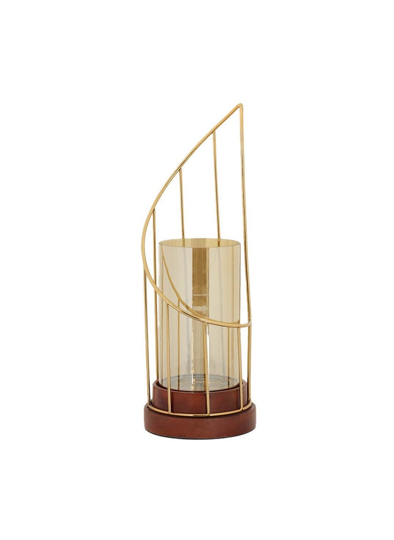 Royaloak Wire Swirl Cylinder Candle Holder Large | Glass & Wood | Gold Plated Metal Walnut Wood And Lustre Glass Finish | Spiral shape design | Metal Frame | Solid wooden base | Detachable Glass