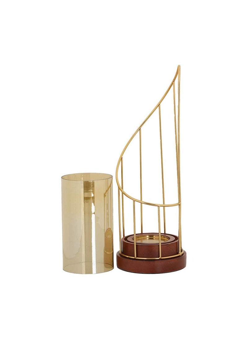 Royaloak Wire Swirl Cylinder Candle Holder Large | Glass & Wood | Gold Plated Metal Walnut Wood And Lustre Glass Finish | Spiral shape design | Metal Frame | Solid wooden base | Detachable Glass