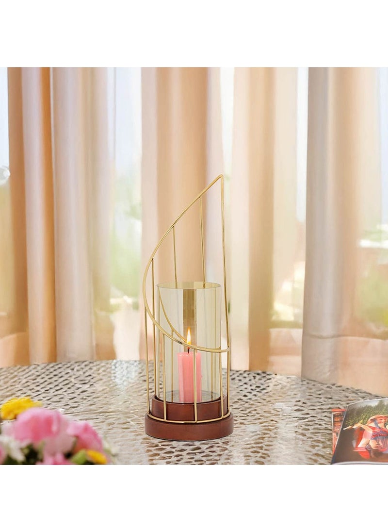 Royaloak Wire Swirl Cylinder Candle Holder Large | Glass & Wood | Gold Plated Metal Walnut Wood And Lustre Glass Finish | Spiral shape design | Metal Frame | Solid wooden base | Detachable Glass