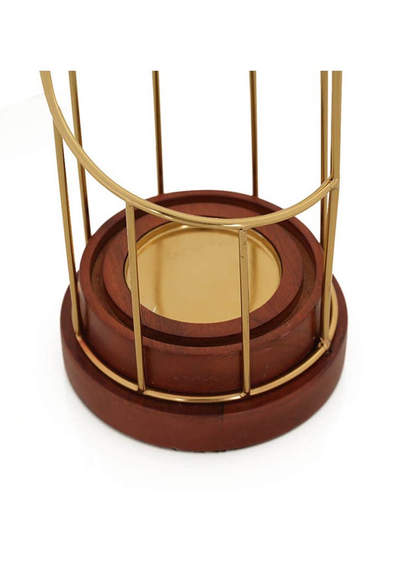 Royaloak Wire Swirl Cylinder Candle Holder Large | Glass & Wood | Gold Plated Metal Walnut Wood And Lustre Glass Finish | Spiral shape design | Metal Frame | Solid wooden base | Detachable Glass
