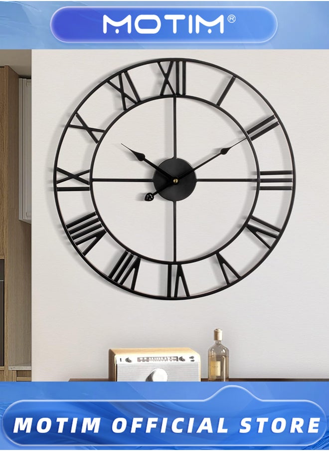 Wall Clock Large Indoor Battery Operated Silent Non-Ticking Industrial Metal Roman Numeral Beige Modern Contemporary Round Iron Natural Finish