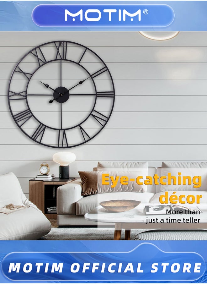 Wall Clock Large Indoor Battery Operated Silent Non-Ticking Industrial Metal Roman Numeral Beige Modern Contemporary Round Iron Natural Finish