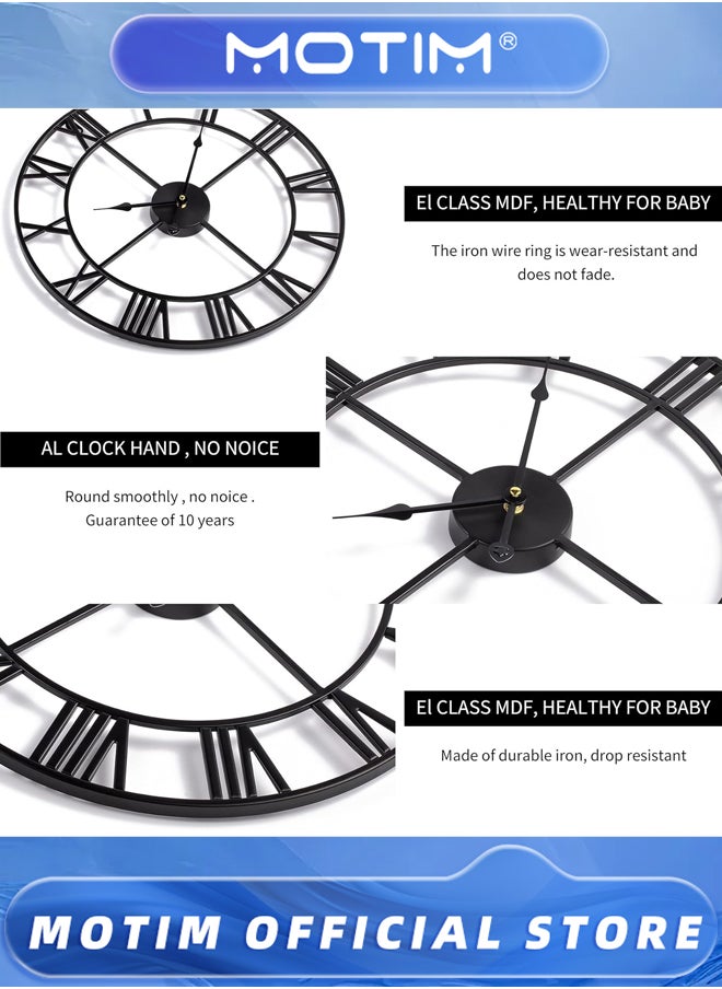Wall Clock Large Indoor Battery Operated Silent Non-Ticking Industrial Metal Roman Numeral Beige Modern Contemporary Round Iron Natural Finish