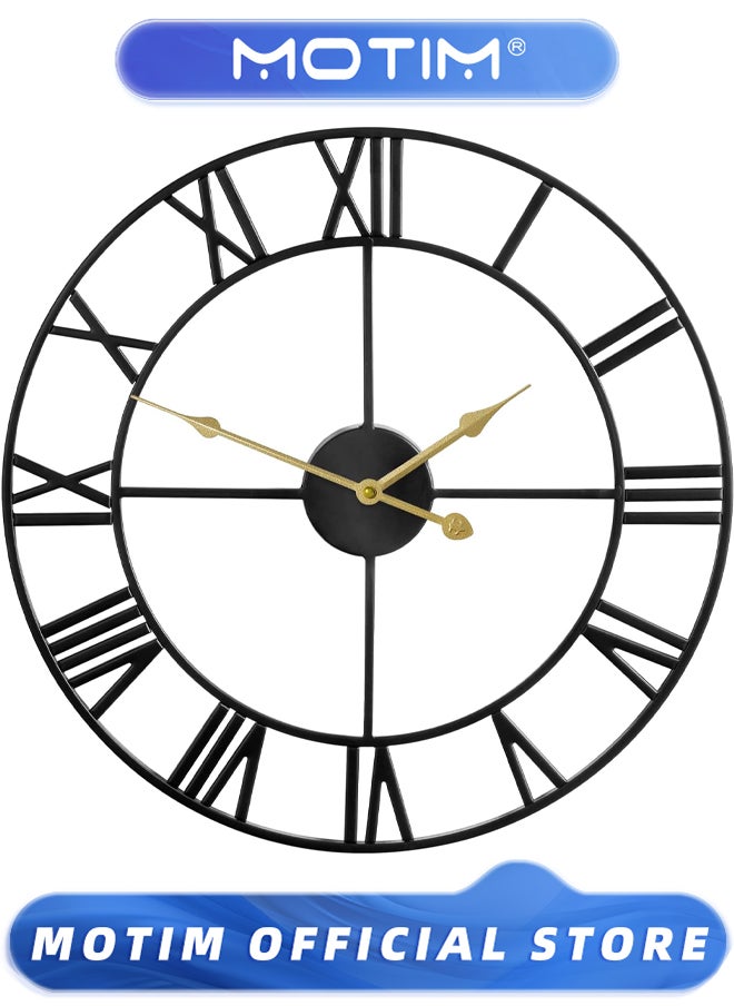 Wall Clock Large Indoor Battery Operated Silent Non-Ticking Industrial Metal Roman Numeral Beige Modern Contemporary Round Iron Natural Finish